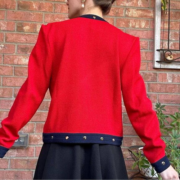 St. John Red Navy Zip Sweater Jacket Sz 2 Santana Knit Studded Preppy Office - Picture 4 of 13